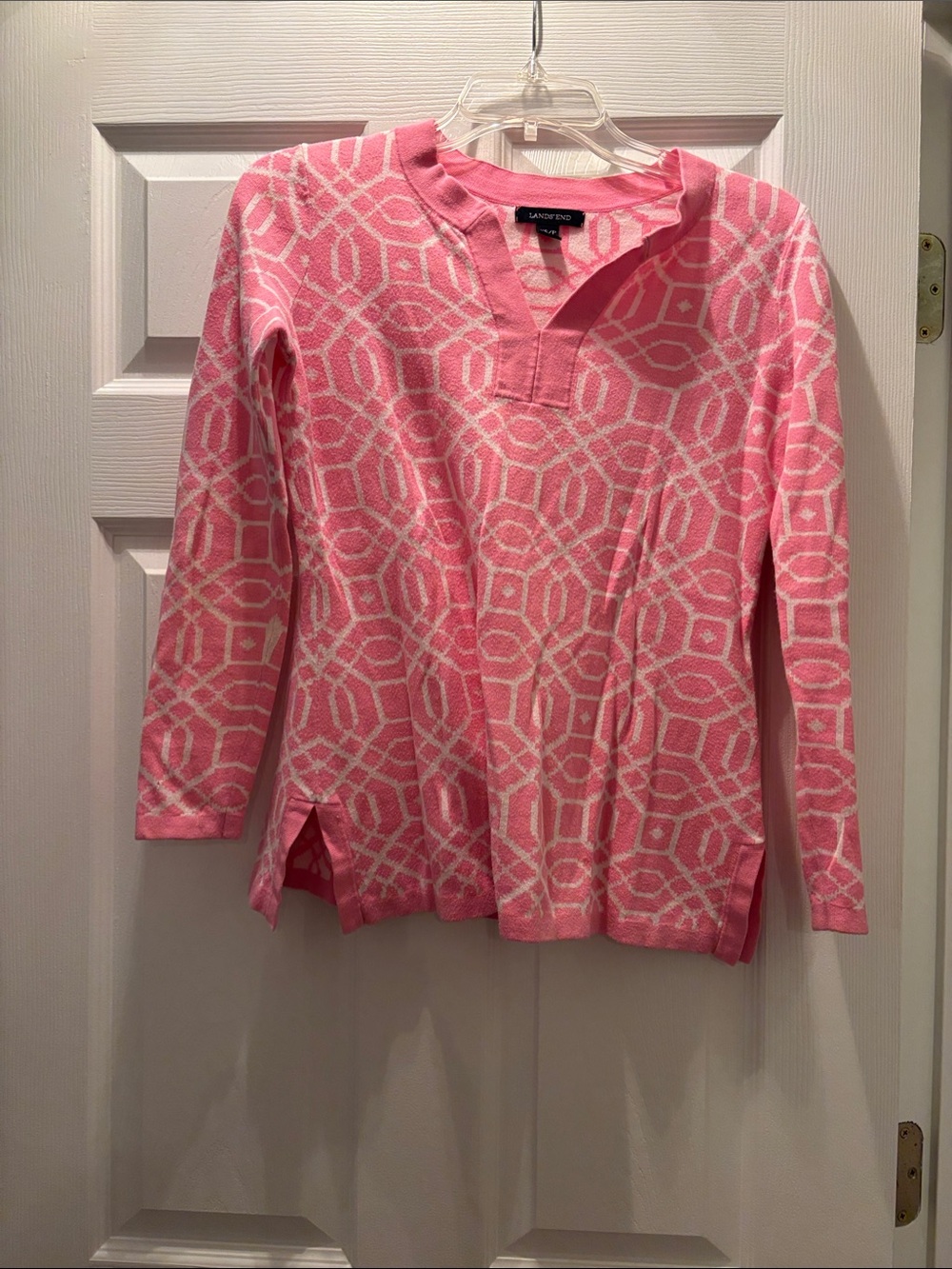 Lands' End Pink & White Geometric Notch-Neck Tunic